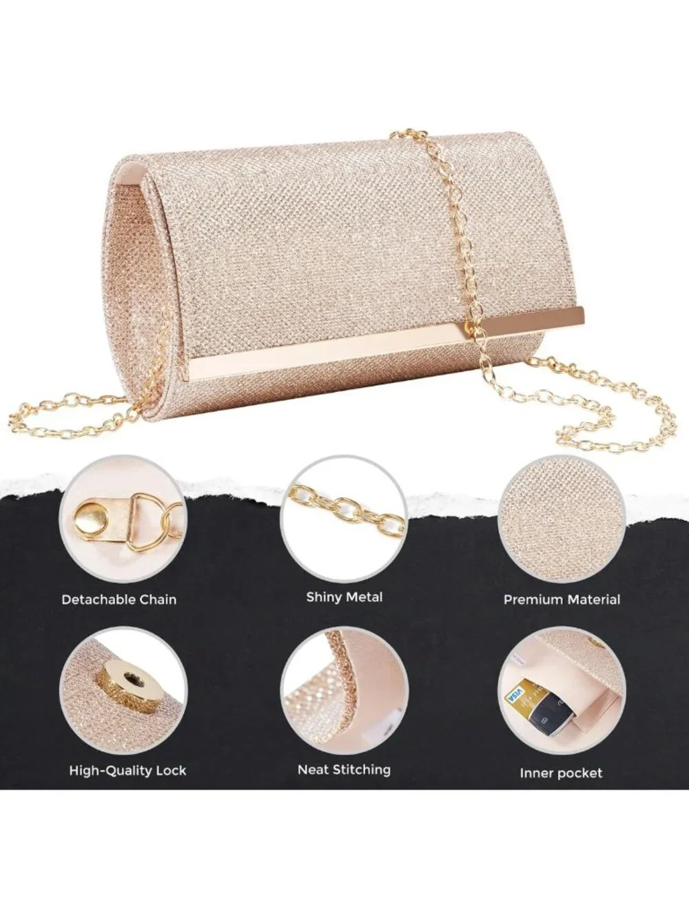 Glamorous Sparkly Clutch Purse for Women with Detachable Chain Strap - Perfect